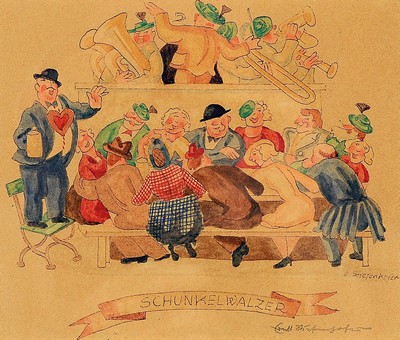 Ernst Stiefenhofer, Maler der 1. Hälfte des 20. Jh., Schunkelwalzer, aquarellierte Tuschezeichnung, betitelt und signiert, Papier leicht gebräunt, ...