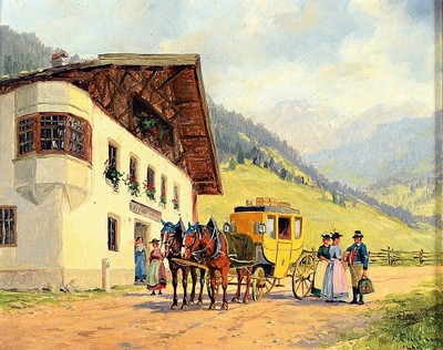 Peter Eichhorn, 1877 Bamberg-1960 München, Post in den Bergen, so rückseitig betitelt, die Postkutsche hält vor dem Landgasthof, Öl/Holz, rechts ...