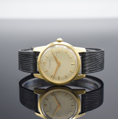 LANGE seltene Herrenarmbanduhr in GG 750/000 mit Garantieschein, Schweiz um 1960, Handaufzug, 2-teil. sign. Geh., Boden geschr., silb. sign. ...