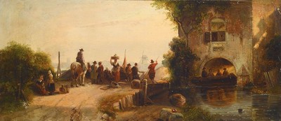 Carl Hilgers, 1818 Düsseldorf - 1890, niederländische Stadtansicht am Kanal, reiches Straßentreiben mit vielen Personen, signiert, Öl/Pappe, ca. ...