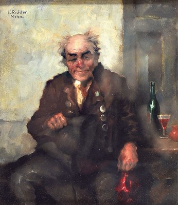 C. Richter, Münchener Schule, um 1880/1900, Weintrinker, Öl/Holz, links oben signiert, rückseitig mit Bleistift bez. "Der Prozesshansl", ...