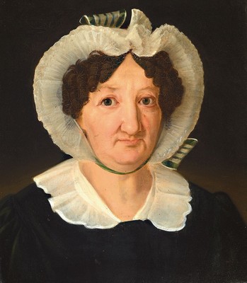Unbekannter Künstler: Biedermeier Damenbildnis, um 1825/30, Öl/Lwd, unsigniert, rest., 35x30 cm; in Empire-Rahmen, um 1820, vergoldet, reliefierter ...