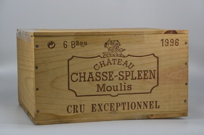6 Flaschen 1996 Chateau Casse-Spleen, Moulisen Medoc, Cru Exceptional, 750ml, 10-15% Vol.,originalverpackt in Holzkiste, Füllstand into neck, ...