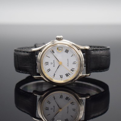 BULOVA Armbanduhr, Automatik, Schweiz um 1995, verchr. Gehäuse, beids. vergl., Boden verschr., weißes Zifferbl. m. röm. Zahlen, Datum, verg. Werk ...