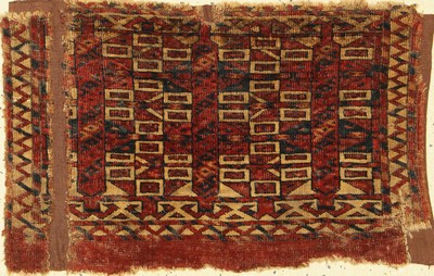 Turkmenische Adlergül Torba, Turkmenistan, 19. Jhd, Wolle auf Wolle, ca. 55 x 35 cm, Asym.rechtsoffener Knoten, Altersbedingter Zustand.