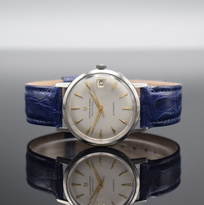 UNIVERSAL GENEVE Polerouter Herrenarmbanduhr, Automatik, Schweiz 1960er Jahre, Edelstahlgeh., Boden verschr., flache Ausführung, silb. Zifferbl. m. ...