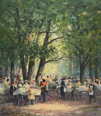 Karl Mohr, 1922 - 2013, Biergartenansicht mit reicher Figurenstaffage, Öl/Lwd, links unten signiert, R., 80 x 70 cm