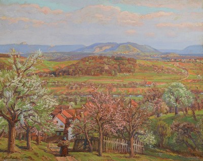 Otto Hofer-Bach, 1897 Oberndorf am Neckar - 1970 Stuttgart, Frühlingslandschaft mit Blick auf die Alb, Öl/Lwd, signiert, ca. 58 x 74 cm, Rahmen l. ...