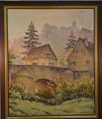 Fritz Bach, 1890-?, Ansicht Harburgs mit derBurg, Blick über die Steinerne Brücke an der Wörnitz, Öl/Lwd, rechts unten signiert und datiert 43, ...