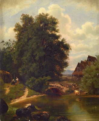 Unbekannter Künstler des 19.Jh., idyllisch, bäuerliche Landschaft mit Personen- u. Tierstaffage, unsigniert, rest., best., Öl/Lwd, R. ca. 48x41 cm