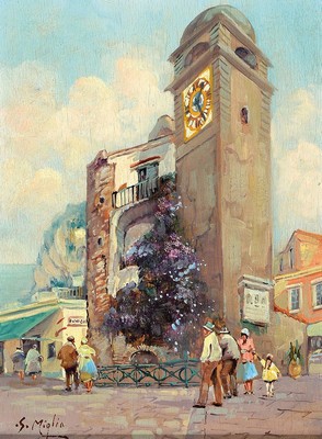 S. Miglia, Künstler des 20.Jh., städtisches Treiben in einer südlichen Stadt, Öl/Holz, links unten signiert, R., ca. 37x80 cm