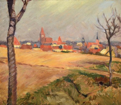 Unbekannter Künstler des 19./20.Jh., Ölstudie: Blick über ein Feld auf die Kulisse des schlesischen Langenwaldau, verso als Zuschreibung an Ernst ...
