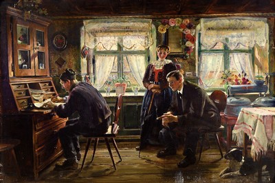 Carl Kricheldorf, 1863 Celle - 1934 München, Studium an der Münchener Akademie, Schüler von Raab, Hackl und Löfftz, hier: Interieur in der Stube, ...