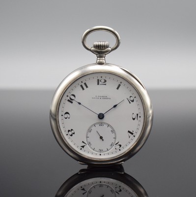 ULYSSE NARDIN offene Taschenuhr in Silber, Schweiz um 1914, Kronenaufzug, 900/000 Silber , guill. Rückseite, Emailzifferbl. riss., arab. Zahlen, ...