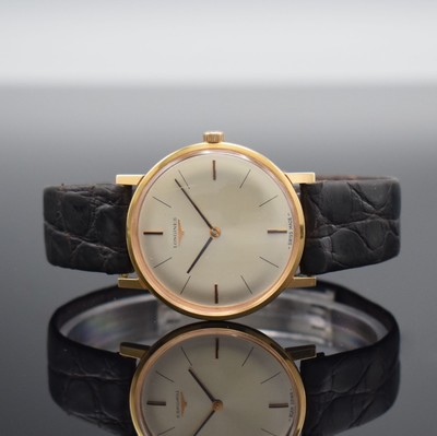 LONGINES Herrenarmbanduhr in RG 750/000 Referenz 7824 3, Schweiz um 1968, Handaufzug, Stülpgeh., silb. Zifferbl., schwarze Zeiger, Kal. 428, 17 St., ...