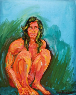 Willibrord Haas, geb. 1936, bekannter Berliner Künstler, hockender Akt, Acryl/Lwd, signiert, dat. 2016, 100 x 80 cm