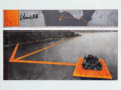 Christo, 1935 - 2020, Lot aus zwei Teilen: a. Multiple "Floating Piers", Rahmen ca. 20.5 x 26.3 cm, b. großes originales Stoffstück aus ...