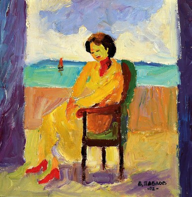 Boris Pavlov, 1928 Moskau - 2005 Paris, "Die Malerin Nyen in der Villa an der Cote d`Azur 1972", Öl/Lwd/Karton, 20 x 20 cm, rückseitig ...