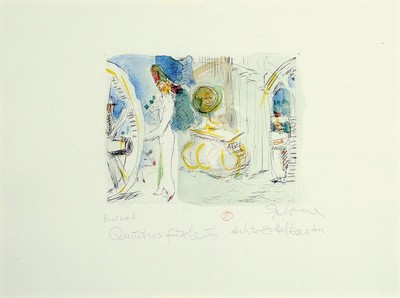 Dieter Goltzsche, geb. 1934, Aquarell über Kaltnadelradierung auf dickem Velin, Unikat der DDR Kunst, betitelt "Quintus Fixlein-Achter ...