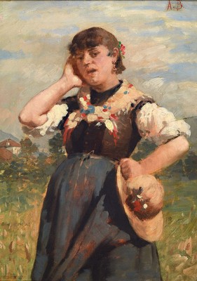 Zuschreibung: Auguste Baud-Bovy, 1848 Genf - 1899 Davos, Schüler von Barthelemy Menn, Porträt einer jungen Frau in schweizer Tracht, rechts oben ...
