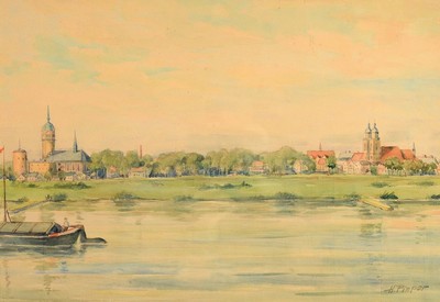 Heinrich Pieper, geb. 1889 Berlin, Blick über die Elbe auf Wittenberg, Aquarell/Papier, verso bez. u. datiert um 1930, rechts unten signiert, unter ...