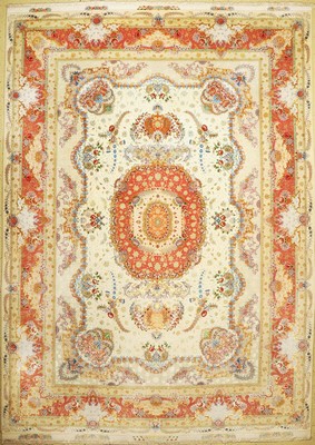 Täbriz Benam fein (60 Raj), Signiert, Persien, um 1950, Korkwolle mit und auf Seide,ca. 415 x 295 cm, EHZ: 2(nahezu in perfektem Zustand).