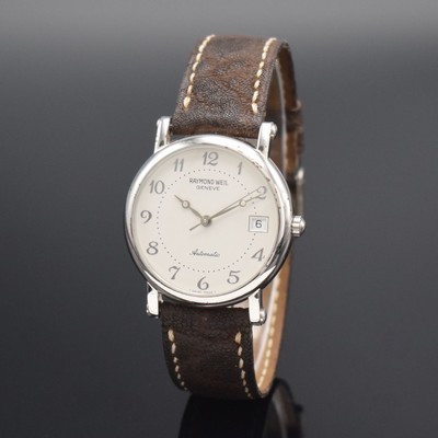 RAYMOND WEIL Herrenarmbanduhr, Schweiz um 2000, Automatik, Edelstahlboden aufgedr., silb. Zifferbl. m. arab. Zahlen, silb. Zeiger, Datum b. 3, Kal. ...