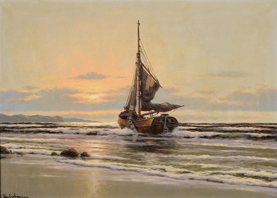 Otto Neutschmann, 1902-1985 Hamburg, Fischerboot auf ruhiger See im Morgenrot, Öl/Lwd, links unten signiert, ca. 50x70cm, R. ca. 62x82cm