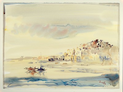 Kaiko Moti, 1926 Bombay - 1989 Paris, Aquarell, bez. Part of Ibiza, Öl/Lwd, ca. 56 x 76 cm, unter Glas, Rahmen, Studium in Bombay, seit 1946 ...