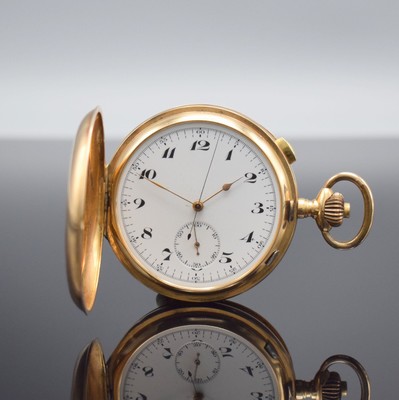 Savonette in RG 585/000 mit Repetition & Chronograph, Schweiz um 1900, 2-Deckel Goldgeh., Emailzifferbl. m. arab. Zahlen, verg. Werk m. Schr.-Unr. & ...