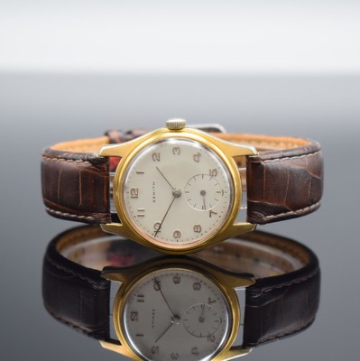 ZENITH Herrenarmbanduhr, Handaufzug, Schweiz um 1954, verg. Metallgeh., Boden m. Gravur "Saarbergwerke 1954 " verschr., silb. Zifferbl. ...