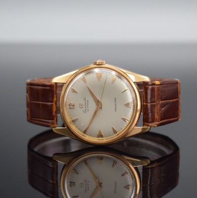 CYMA Navystar Chronometer seltene Herrenarmbanduhr in RoseG 750/000, Schweiz um 1960, Handaufzug, 2-teil. Geh., Boden geschr., silb. Zifferbl. m. ...