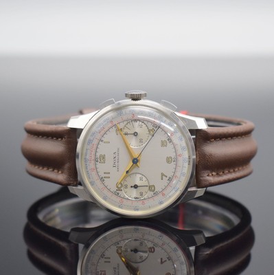 DOXA nahezu neuwertige Herrenarmbanduhr mit Schaltradchronograph in Stahl, Schweiz um 1950, Handaufzug, gedr. 3-tlg. Geh. noch mit Schutzlack auf dem ...