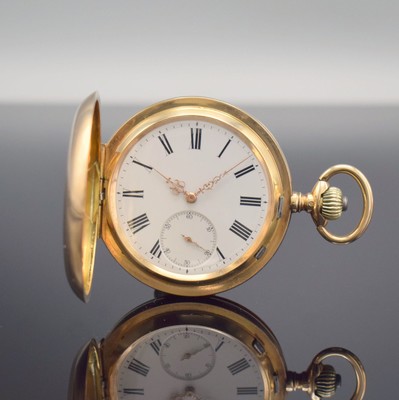 Schwere Savonette mit Chronometerhemmung Nr. 36031 in RoseG 585/000, Schweiz um 1900, guill. 3-Deckel Goldgeh. l. dell., Emailzifferbl. m. röm. ...