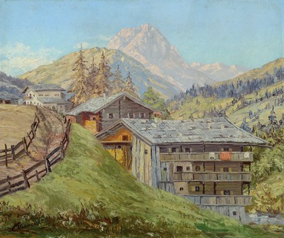 Josef Obermoser, deutscher Maler, erw. zwischen 1900 und 1975, Häuser in den Alpen, Öl/Lwd, links unten signiert, ca. 50x60cm