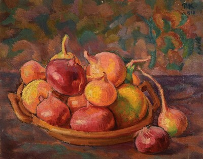 Monogrammist RK, dat. 1913, Stillleben mit Zwiebeln, Öl/Lwd, rechts oben monogrammiert und dat., ca. 43x54cm