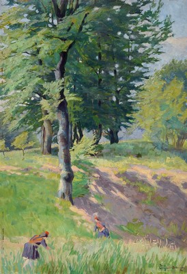 Dora Willgerödt-Brünner, 1887 Karlsruhe- 1983 Marburg, zwei Frauen beim Mähen einer Wiese, Öl/Malkarton, leicht gewölbt, rechts unten signiert, ...