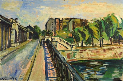 Alfred Grünwald, 1929 Brig-1966 Visp, Stadtansicht mit Spaziergängern am Weg eines Kanals, Öl/Lwd, expressiver Pinselduktus, links unten signiert ...