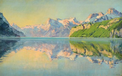 Johann Jakob Wyss, 1876 -1936 Zofingen, Ansicht vom Vierwaldstätter See, Öl/Lwd, gelungene Spiegelung des Bergpanoramas im stillen Wasser, rechts ...