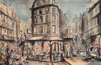 Walter Gondolf, 1912-1989 Düsseldorf, Bühnenbildentwurf für La Boheme, Aquarell auf Papier, rechts unten signiert und bez. La Boheme, ca. 28x42cm, ...