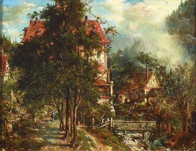 Monogrammist JM, datiert 1900, Häuser und Brücke in einem Tal, Öl/Holz, links unten monogr. und dat., ca. 21x26cm, R. ca. 33x39cm