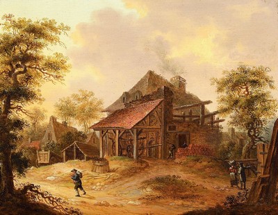 Unbekannter Traditionalist, Niederlande, 2.H. 20.Jh, Stellmacher-Werkstatt in dörflicher Umgebung, Staffage in Form dreier Figurengruppen Tiefe ...