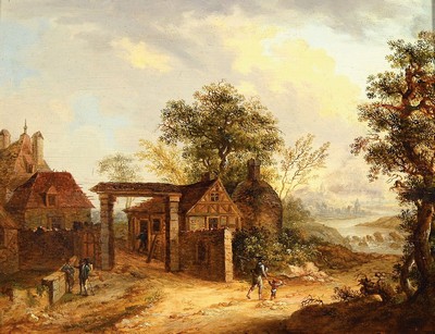Unbekannter Traditionalist, Niederlande, 2.H. 20.Jh., Dorfansicht mit belebter Staffage, rechts mit Fernblick auf verblauende Flusslandschaft, ...
