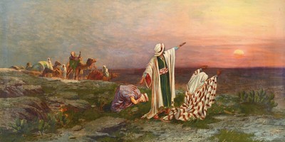 Merner, Maler der 2. Hälfte des 19. Jh., betende Nomaden bei Sonnenuntergang, wohl Kopie nach Adolf Schreyer, Öl/Lwd, rest., rechts unten signiert, ...
