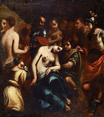 Zuschreibung: Guido Cagnacci, 1601-1681, Der Tod der Cleopatra, Öl/Lwd, doubliert, restauriert mit Retuschen aus mehreren Epochen, rührende, ...