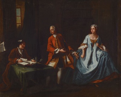 Unbekannter Künstler, frühes 18.Jh., Interieur: Schreiber und adliges Pärchen in Bibliothek, dunkler Hintergrund mit Bücherschrank u. halb ...