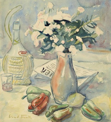 Edvard Frank, 1909 Korschenbroich-1972 Saarlouis, Stillleben mit Blumenstrauß, Zeitung, Paprika, Flasche und Glas, Aquarell auf Papier, links unten ...