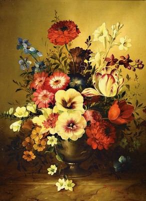 Francoise Gabriel, 1893 - 1993, reiches Blumenstillleben, in der Tradition der Altniederländer, rechts unten signiert, Öl/Holz, parkettiert, l. ...