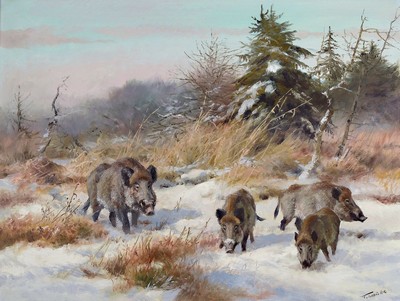 Fritz Laube, 1914 - 1993, Wildschweine in verschneiter Landschaft, rechts unten signiert, Öl/Lwd R., ca. 72x93 cm