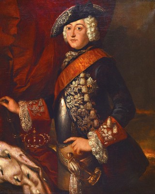 Unbekannter Künstler des 18.Jh., Herrscherporträt: Friedrich II. der Große von Preußen, repräsentative Darstellung in ikonischer Pose, ...
